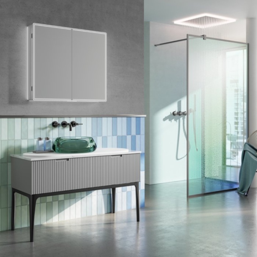 Product Lifestyle image of the HIB Isoe 800mm Charging LED Mirror Cabinet